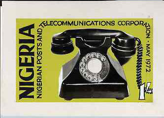 Nigeria 1972 Posts & Telecommunications Corporation - original hand-painted/composite artwork for 1s value (showing Telephone) by unknown artist on board 9.5 inches x 6 inches, stamps on , stamps on  stamps on postal    telephones    communications