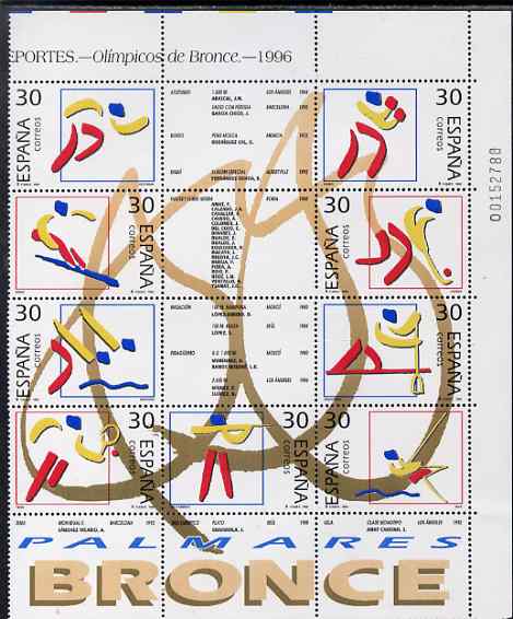 Spain 1996 Olympics - Spanish Bronze Medals se-tenent block of 9 plus 6 labels unmounted mint SG 3373a, stamps on olympics, stamps on running, stamps on boxing, stamps on skiing, stamps on hockey, stamps on field hockey, stamps on swimming, stamps on canoeing, stamps on tennis, stamps on shooting, stamps on yachting