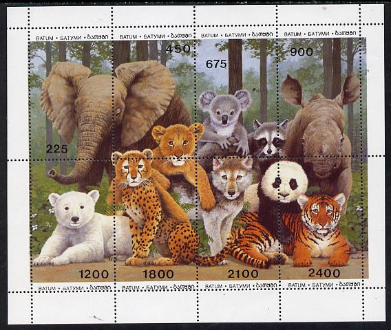 Batum 1996 Wild Animals composite perf sheetlet containing set of 8 values unmounted mint, stamps on , stamps on  stamps on animals, stamps on  stamps on elephants, stamps on  stamps on cats, stamps on  stamps on lions, stamps on  stamps on tigers, stamps on  stamps on bears, stamps on  stamps on pandas