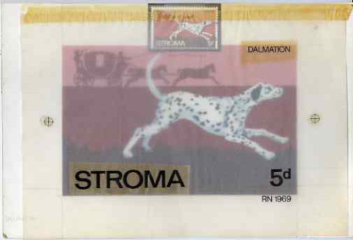 Stroma 1969 Dogs - Dalmation 5d original hand-painted artwork with overlays on board 180 x 115 mm plus issued stamp (used), stamps on dogs