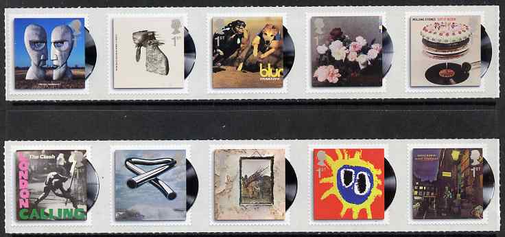 Great Britain 2010 Classic Album Covers self adhesive set of 10 (2 strips of 5) unmounted mint, stamps on , stamps on  stamps on music, stamps on  stamps on rock, stamps on  stamps on rolling stones, stamps on  stamps on self adhesive