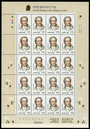 South Korea 1999 250th Birth Anniversary of Goethe complete sheetlet containing 20 x 170w values unmounted mint, SG 2332, stamps on personalities, stamps on goethe, stamps on literature, stamps on poetry, stamps on science, stamps on legal, stamps on  law , stamps on 