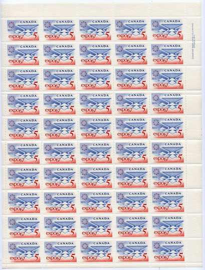 Canada 1967 World Fair EXPO 67 5c in complete folded sheet of 50 unmounted mint SG 611, stamps on expo, stamps on business