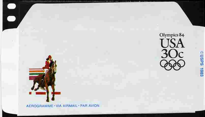 Aerogramme - United States 1983 Olympic Games 30c air-letter sheet (Show Jumping) folded along fold lines otherwise unused and fine, stamps on , stamps on  stamps on olympics, stamps on  stamps on horses, stamps on  stamps on bob sled, stamps on  stamps on show jumping, stamps on  stamps on hockey, stamps on  stamps on tennis, stamps on  stamps on judo, stamps on  stamps on martial arts.rowing.water polo, stamps on  stamps on shooting