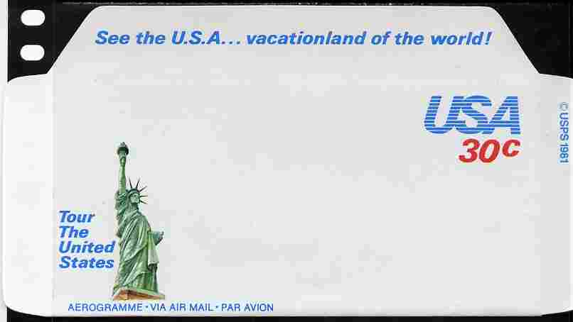 Aerogramme - United States 1981 Vacationland of the World 30c air-letter sheet (Statue of Liberty in green) folded along fold lines otherwise unused and fine, stamps on , stamps on  stamps on statue of liberty, stamps on  stamps on tourism, stamps on  stamps on ships, stamps on  stamps on bridges, stamps on  stamps on 