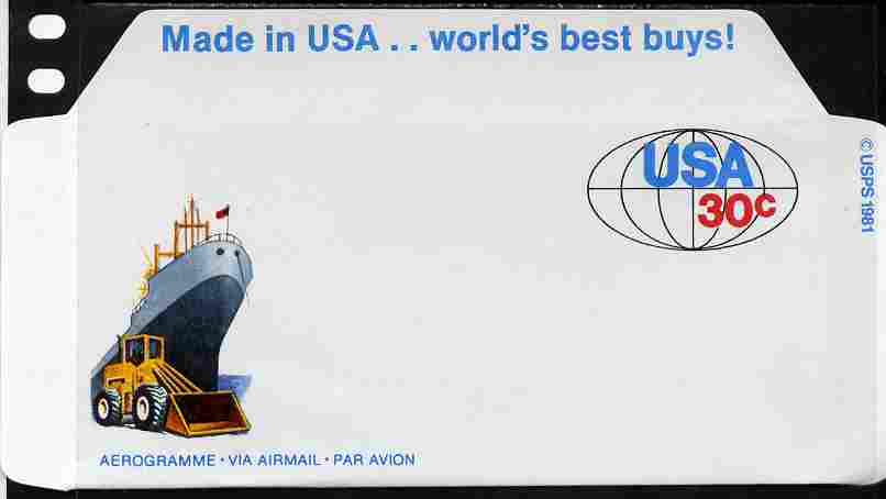 Aerogramme - United States 1981 Made in the USA 30c air-letter sheet (Ship & Digger) folded along fold lines otherwise unused and fine, stamps on , stamps on  stamps on ships, stamps on  stamps on computers, stamps on  stamps on aviation, stamps on  stamps on drugs, stamps on  stamps on 