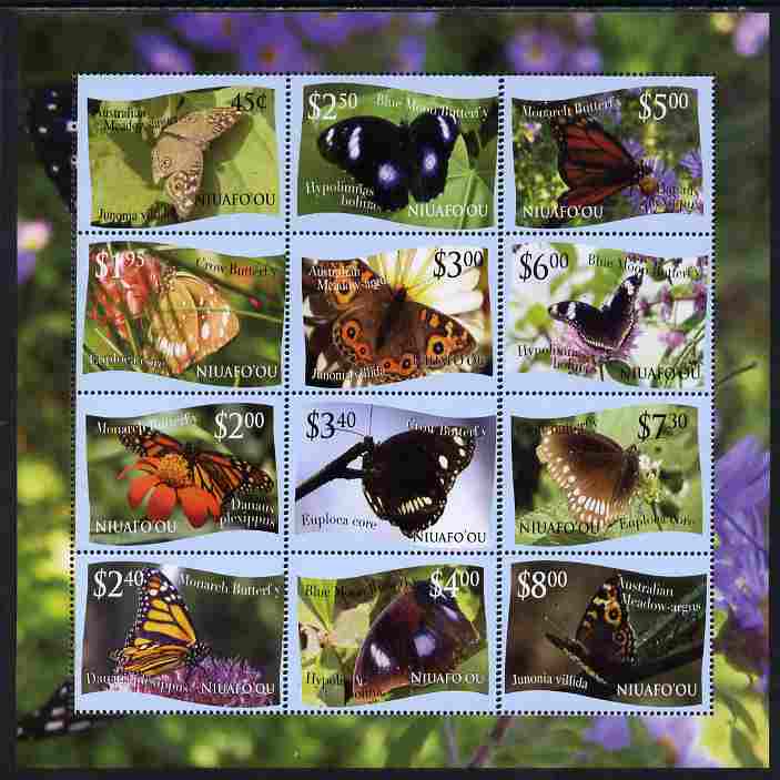 Tonga - Niuafo'ou 2012 Butterflies #1 perf sheetlet containing set of 12 values (blue background) unmounted mint, stamps on butterflies