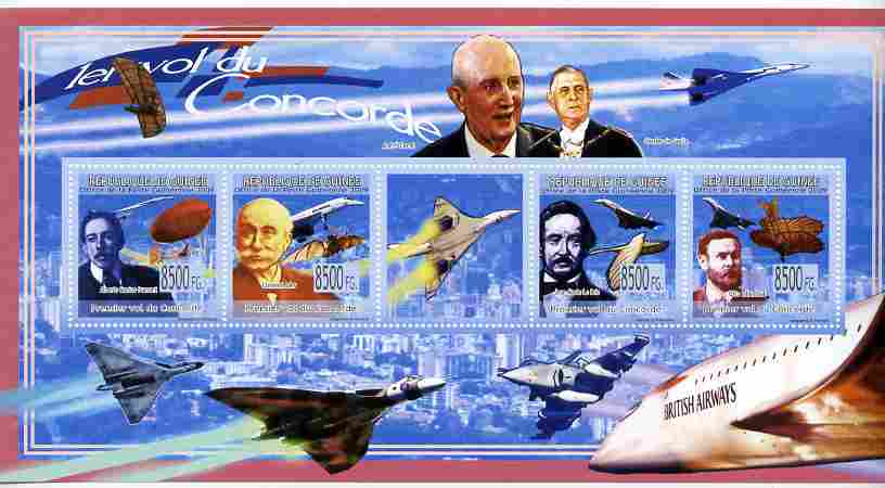 Guinea - Conakry 2009 First Flight of Concorde perf sheetlet containing 4 values plus label unmounted mint, stamps on aviation, stamps on concorde, stamps on de gaulle, stamps on 
