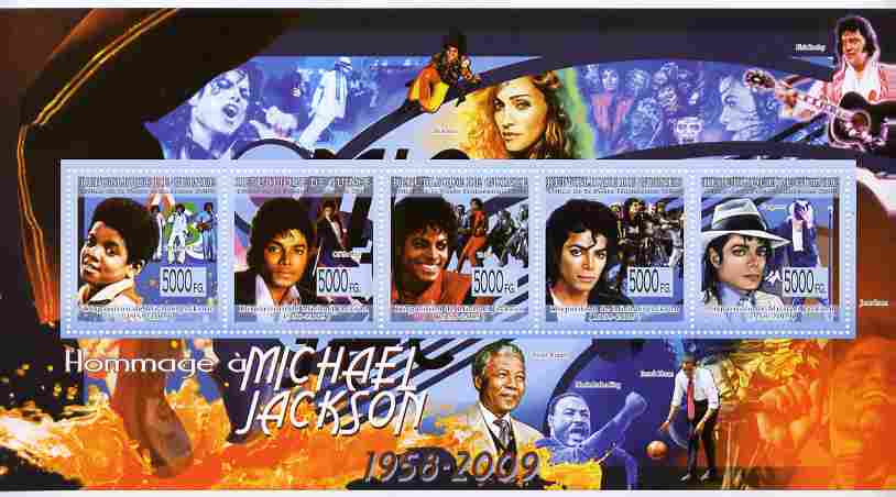 Guinea - Conakry 2009 Tribute to Michael Jackson perf sheetlet containing 4 values plus label unmounted mint, stamps on , stamps on  stamps on personalities, stamps on  stamps on music, stamps on  stamps on pops, stamps on  stamps on rock, stamps on  stamps on mandela, stamps on  stamps on obama, stamps on  stamps on usa presidents, stamps on  stamps on americana, stamps on  stamps on elvis