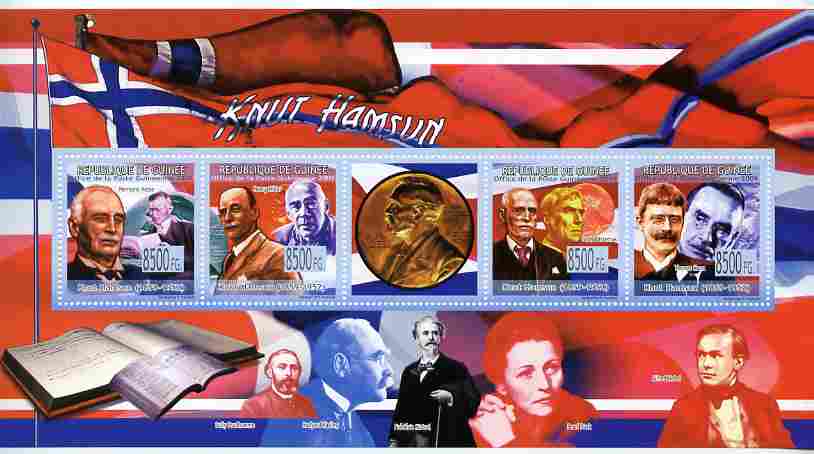 Guinea - Conakry 2009 Knut Hamsun perf sheetlet containing 4 values plus label unmounted mint, stamps on personalities, stamps on literature, stamps on nobel, stamps on 
