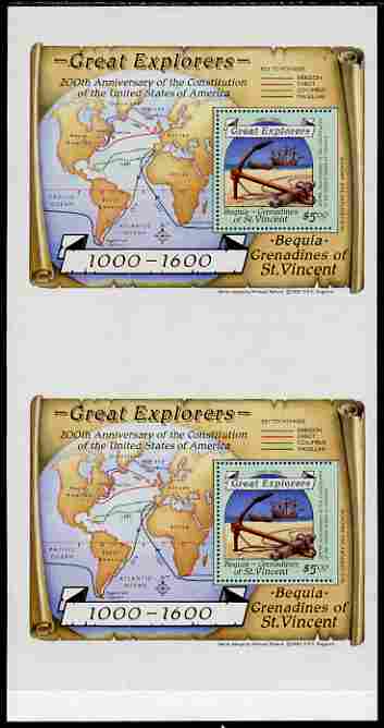 St Vincent - Bequia 1988 Explorers $5 m/sheet (Map & Anchor) vert pair each stamp being perforated on three sides only, unmounted mint from an uncut archive proof sheet, folded vertically but extremely rare. , stamps on , stamps on  stamps on explorers      maps      anchor    ships