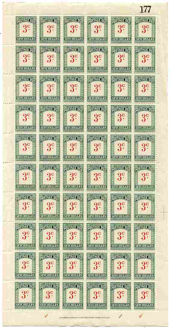 Seychelles 1951 Postage Due 3c scarlet & green wmk Script CA complete sheet of 60, creases in margin but unmounted mint, SG D2, stamps on 