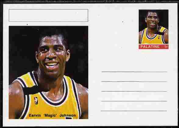 Palatine (Fantasy) Personalities - Earvin 'Magic' Johnson (basketball) postal stationery card unused and fine, stamps on personalities, stamps on sport, stamps on basketball