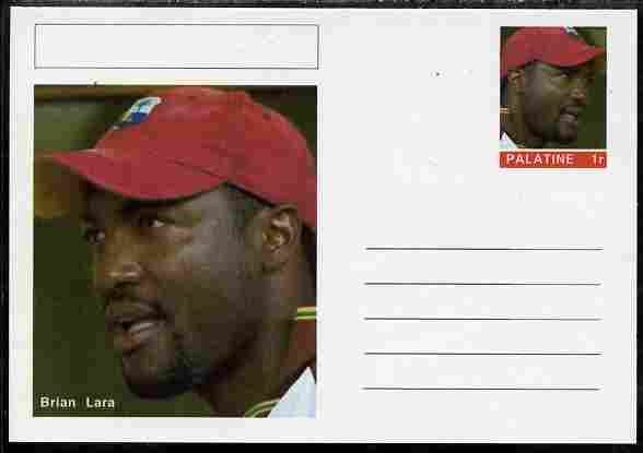 Palatine (Fantasy) Personalities - Brian Lara (cricket) postal stationery card unused and fine, stamps on , stamps on  stamps on personalities, stamps on  stamps on sport, stamps on  stamps on cricket