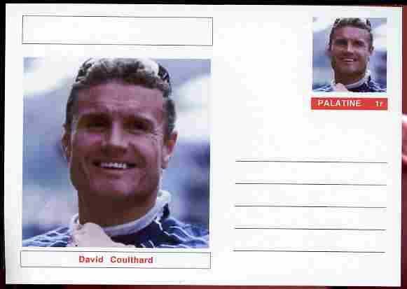 Palatine (Fantasy) Personalities - David Coulthard (F1 driver) postal stationery card unused and fine, stamps on , stamps on  stamps on personalities, stamps on  stamps on sport, stamps on  stamps on racing cars, stamps on  stamps on cars, stamps on  stamps on  f1 , stamps on  stamps on formula 1, stamps on  stamps on scots, stamps on  stamps on scotland