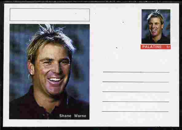 Palatine (Fantasy) Personalities - Shane Warne (cricket) postal stationery card unused and fine, stamps on , stamps on  stamps on personalities, stamps on  stamps on sport, stamps on  stamps on cricket