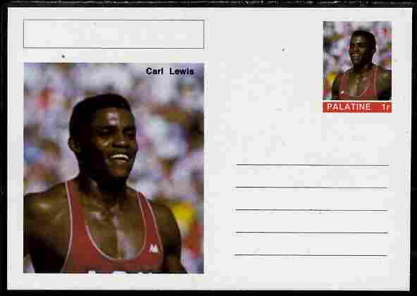 Palatine (Fantasy) Personalities - Carl Lewis (athletics) postal stationery card unused and fine, stamps on , stamps on  stamps on personalities, stamps on  stamps on sport, stamps on  stamps on olympics, stamps on  stamps on athletics, stamps on  stamps on 