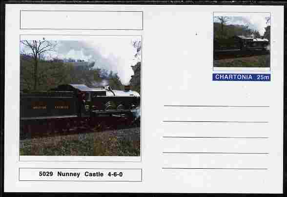 Chartonia (Fantasy) Railways - Castle Class 4-6-0 No 5029 Nunney Castle postal stationery card unused and fine, stamps on transport, stamps on railways, stamps on castles
