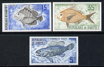 Dahomey 1973 Fish set of 3 imperf from limited printing, as SG 512-14, stamps on fish     marine-life