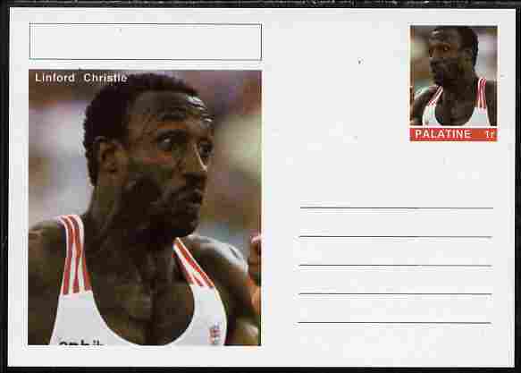 Palatine (Fantasy) Personalities - Linford Christie (athletics) postal stationery card unused and fine, stamps on , stamps on  stamps on personalities, stamps on  stamps on sport, stamps on  stamps on olympics, stamps on  stamps on athletics, stamps on  stamps on running