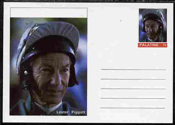 Palatine (Fantasy) Personalities - Lester Piggott (horses) postal stationery card unused and fine, stamps on , stamps on  stamps on personalities, stamps on  stamps on sport, stamps on  stamps on horse racing, stamps on  stamps on horses