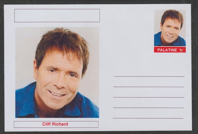 Palatine (Fantasy) Personalities - Cliff Richard postal stationery card unused and fine, stamps on , stamps on  stamps on personalities, stamps on  stamps on music, stamps on  stamps on rock, stamps on  stamps on pops