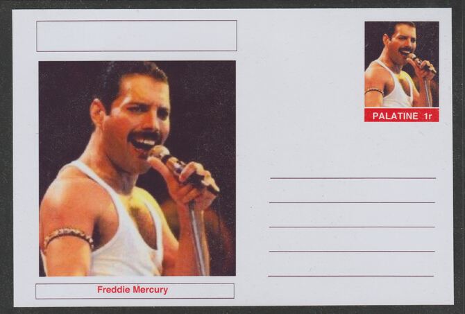 Palatine (Fantasy) Personalities - Freddie Mercury postal stationery card unused and fine, stamps on , stamps on  stamps on personalities, stamps on  stamps on music, stamps on  stamps on rock, stamps on  stamps on pops