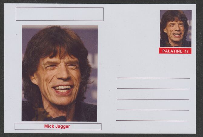 Palatine (Fantasy) Personalities - Mick Jagger postal stationery card unused and fine, stamps on , stamps on  stamps on personalities, stamps on  stamps on music, stamps on  stamps on rock, stamps on  stamps on pops