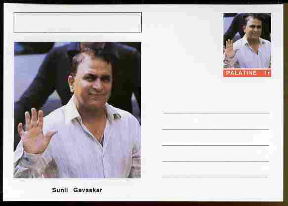 Palatine (Fantasy) Personalities - Sunil Gavaskar (cricket) postal stationery card unused and fine, stamps on personalities, stamps on sport, stamps on cricket