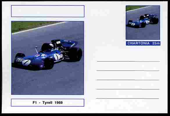 Chartonia (Fantasy) Formula 1 - Tyrell 1969 postal stationery card unused and fine, stamps on , stamps on  stamps on transport, stamps on  stamps on cars, stamps on  stamps on  f1 , stamps on  stamps on formula 1, stamps on  stamps on tyrell