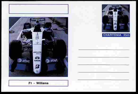 Chartonia (Fantasy) Formula 1 - Williams postal stationery card unused and fine, stamps on , stamps on  stamps on transport, stamps on  stamps on cars, stamps on  stamps on  f1 , stamps on  stamps on formula 1, stamps on  stamps on williams