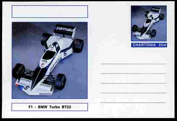 Chartonia (Fantasy) Formula 1 - BMW Turbo postal stationery card unused and fine, stamps on , stamps on  stamps on transport, stamps on  stamps on cars, stamps on  stamps on  f1 , stamps on  stamps on formula 1, stamps on  stamps on  bmw , stamps on  stamps on 