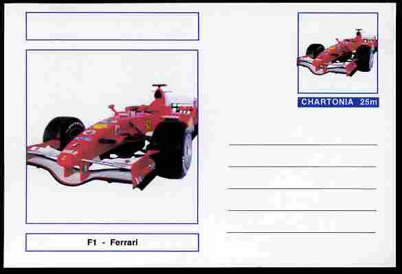 Chartonia (Fantasy) Formula 1 - Ferrari postal stationery card unused and fine, stamps on , stamps on  stamps on transport, stamps on  stamps on cars, stamps on  stamps on  f1 , stamps on  stamps on formula 1, stamps on  stamps on ferrari