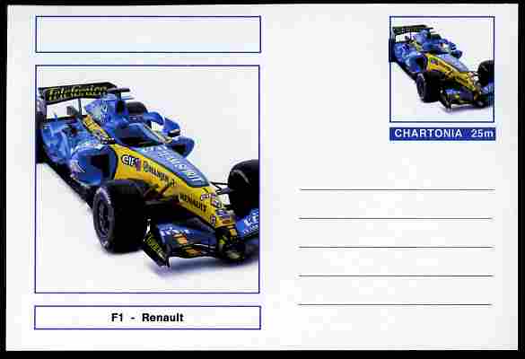 Chartonia (Fantasy) Formula 1 - Renault postal stationery card unused and fine, stamps on , stamps on  stamps on transport, stamps on  stamps on cars, stamps on  stamps on  f1 , stamps on  stamps on formula 1, stamps on  stamps on renault