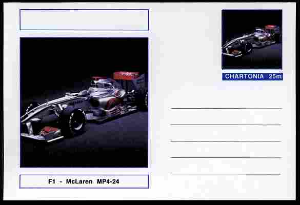 Chartonia (Fantasy) Formula 1 - McLaren MP4-24 postal stationery card unused and fine, stamps on , stamps on  stamps on transport, stamps on  stamps on cars, stamps on  stamps on  f1 , stamps on  stamps on formula 1, stamps on  stamps on mclaren