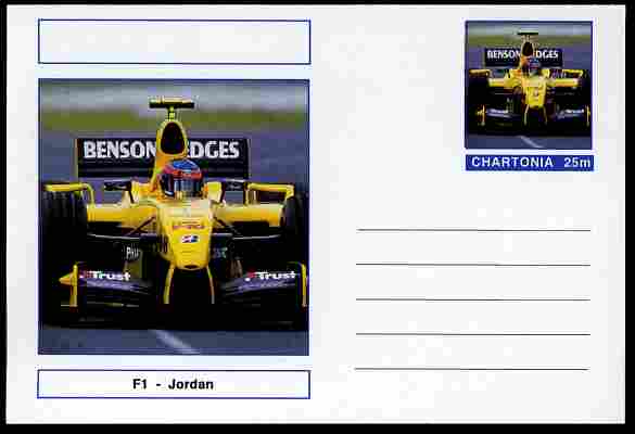 Chartonia (Fantasy) Formula 1 - Jordan postal stationery card unused and fine, stamps on , stamps on  stamps on transport, stamps on  stamps on cars, stamps on  stamps on  f1 , stamps on  stamps on formula 1, stamps on  stamps on jordan