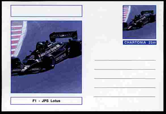 Chartonia (Fantasy) Formula 1 - Lotus postal stationery card unused and fine, stamps on transport, stamps on cars, stamps on  f1 , stamps on formula 1, stamps on lotus