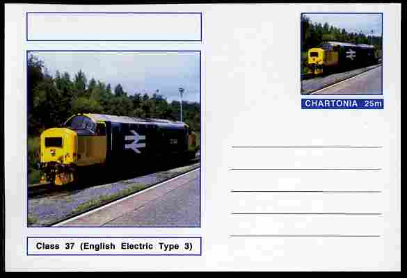 Chartonia (Fantasy) Railways - Diesel Class 37 postal stationery card unused and fine, stamps on , stamps on  stamps on transport, stamps on  stamps on railways