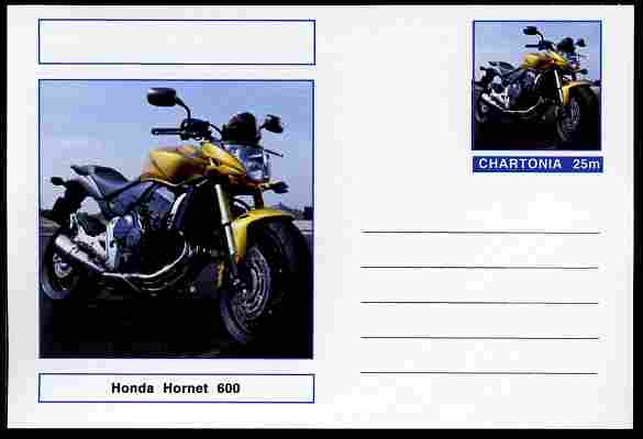 Chartonia (Fantasy) Motorcycles - 2002 Honda Hornet 600 postal stationery card unused and fine, stamps on , stamps on  stamps on transport, stamps on  stamps on motorbikes, stamps on  stamps on honda