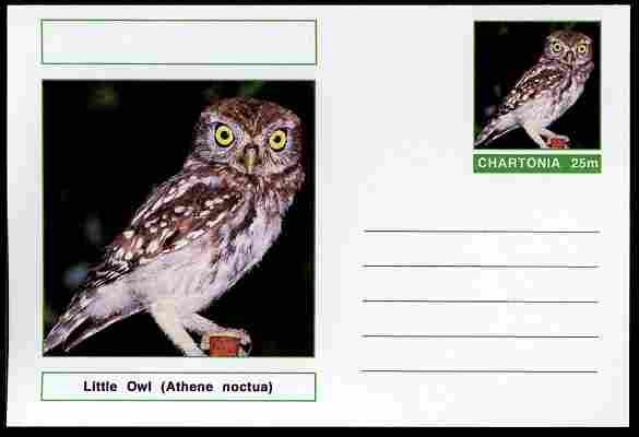 Chartonia (Fantasy) Birds - Little Owl (Athene noctus) postal stationery card unused and fine, stamps on , stamps on  stamps on birds, stamps on  stamps on birds of prey, stamps on  stamps on owls