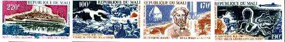 Mali 1975 Death Anniversary of Jules Verne (Author) set of 4 imperf from limited printing, as SG 478-81*, stamps on , stamps on  stamps on personalities, stamps on  stamps on literature, stamps on  stamps on marine-life, stamps on  stamps on science, stamps on  stamps on ships, stamps on  stamps on books, stamps on  stamps on underwater, stamps on  stamps on sci-fi, stamps on  stamps on death, stamps on  stamps on submarines