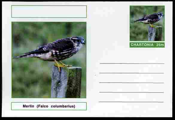 Chartonia (Fantasy) Birds - Merlin (Falco columbarius) postal stationery card unused and fine, stamps on birds, stamps on birds of prey, stamps on falcons