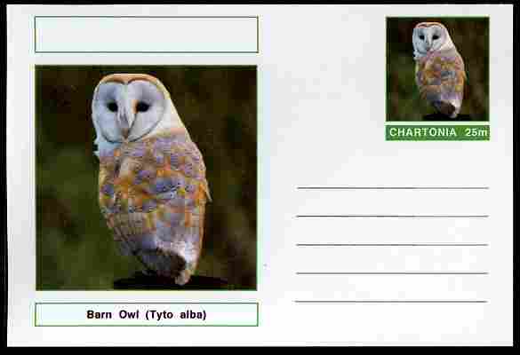 Chartonia (Fantasy) Birds - Barn Owl (Tyto alba) postal stationery card unused and fine, stamps on , stamps on  stamps on birds, stamps on  stamps on birds of prey, stamps on  stamps on owls