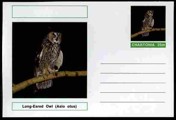 Chartonia (Fantasy) Birds - Long-Eared Owl (Asio otus) postal stationery card unused and fine, stamps on , stamps on  stamps on birds, stamps on  stamps on birds of prey, stamps on  stamps on owls