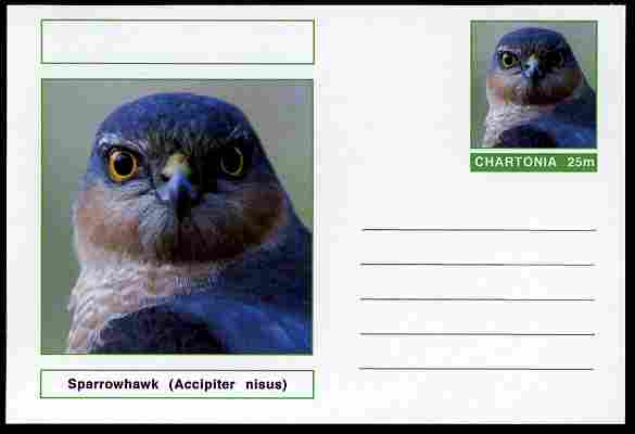 Chartonia (Fantasy) Birds - Sparrowhawk (Accipiter nisus) postal stationery card unused and fine, stamps on birds, stamps on birds of prey, stamps on 