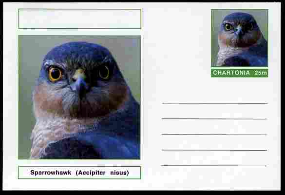 Chartonia (Fantasy) Birds - Sparrowhawk (Accipiter nisus) postal stationery card unused and fine, stamps on , stamps on  stamps on birds, stamps on  stamps on birds of prey, stamps on  stamps on 