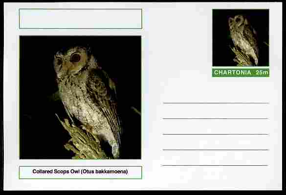 Chartonia (Fantasy) Birds - Collared Scops Owl (Otus bakkamoena) postal stationery card unused and fine, stamps on birds, stamps on birds of prey, stamps on owls