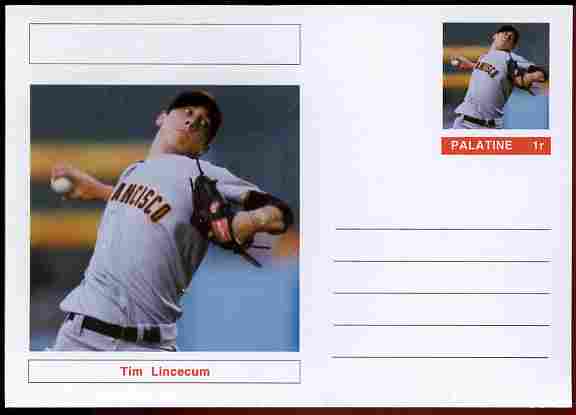 Palatine (Fantasy) Personalities - Tim Lincecum (baseball) postal stationery card unused and fine, stamps on personalities, stamps on sport, stamps on baseball