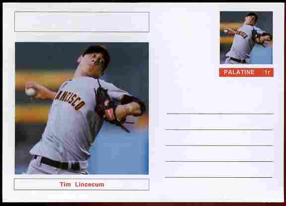 Palatine (Fantasy) Personalities - Tim Lincecum (baseball) postal stationery card unused and fine, stamps on , stamps on  stamps on personalities, stamps on  stamps on sport, stamps on  stamps on baseball