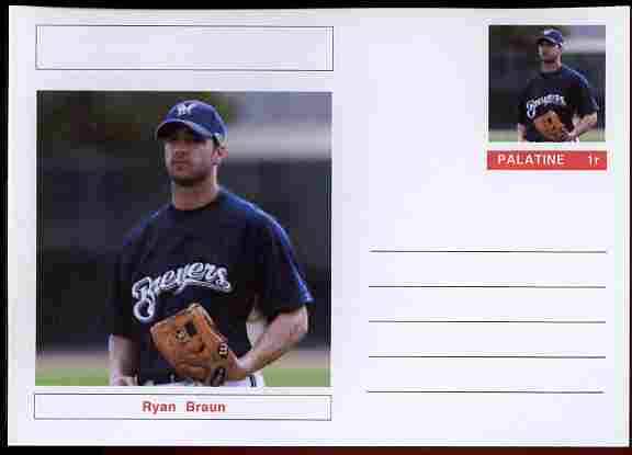 Palatine (Fantasy) Personalities - Ryan Braun (baseball) postal stationery card unused and fine, stamps on , stamps on  stamps on personalities, stamps on  stamps on sport, stamps on  stamps on baseball